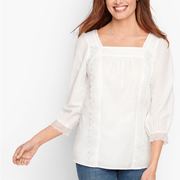 Talbots poplin square neck top blouse lace boho - Picture 6 of 14